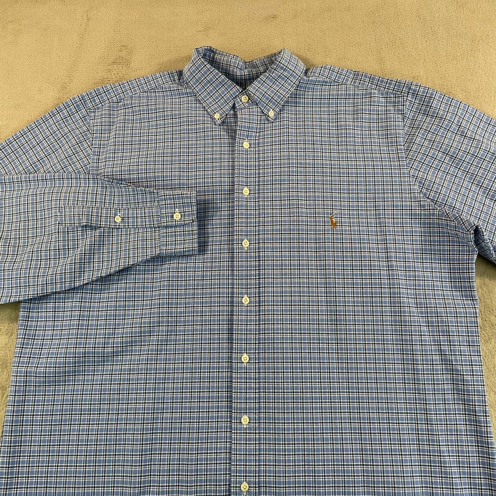 Poloโ Ralph Lauren Oxford Shirt Men XLT Tall Blue Plaid OCBD Flesh Pony Preppy